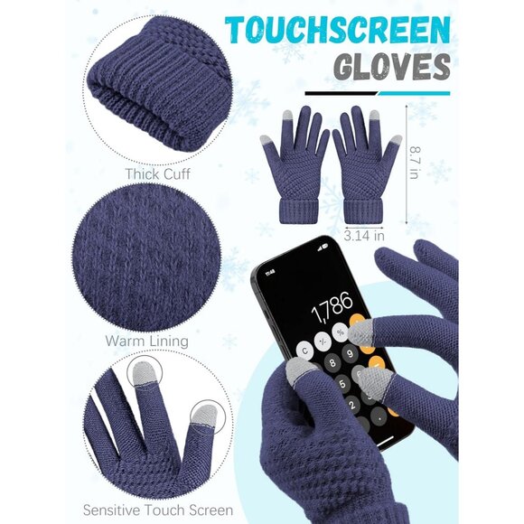 Women’ Denim Blue Knit Beanie Hat, Gloves, Scarf & Ear Warmer Set - Winter - Picture 3 of 7